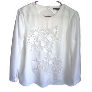 TIBI Women's Size 2 Ivory White Long Sleeve Crochet 100% Silk Lined Blouse Top